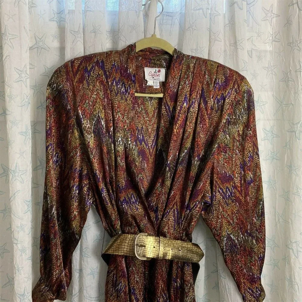 Vintage Caron Chicago Dress Shirtdress Geometric Ikat Pattern Slinky Sexy Belted